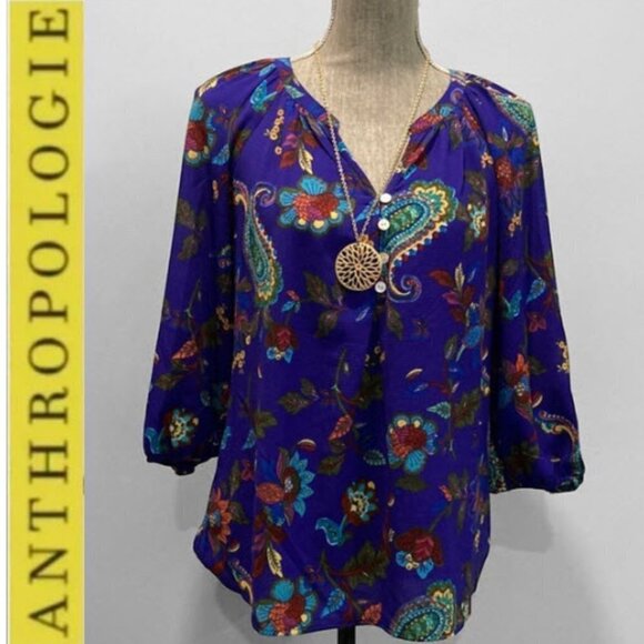 Anthropologie Fig and Flower Purple Paisley Relax Fit Blouse Medium Fit - Picture 3 of 16